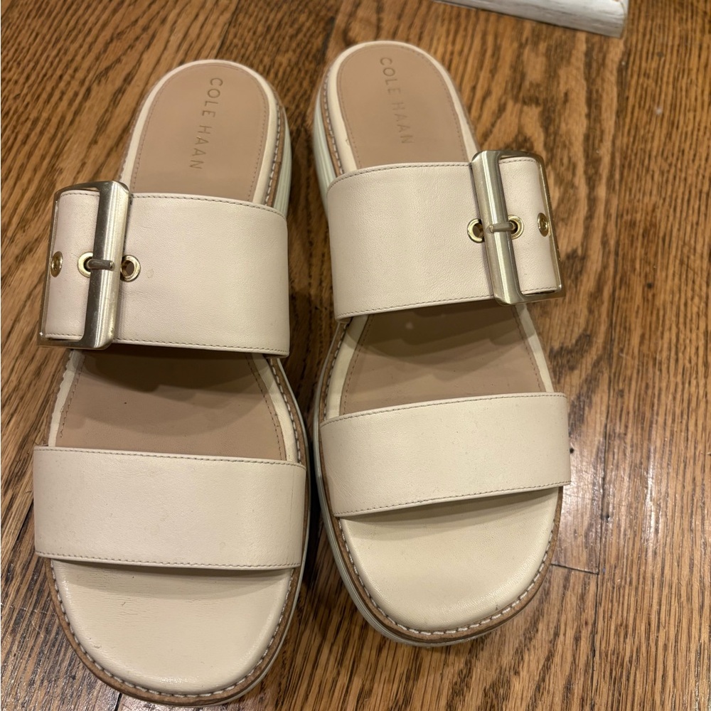 Cole Haan Cream Leather Double-Band Slide Mules with Buckle